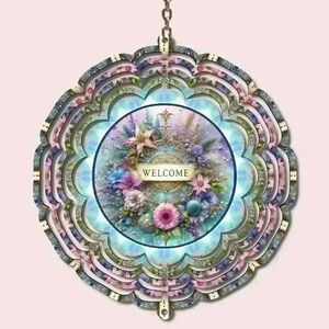 8 inch purple floral scalloped wind welcome front door /outside spinner
